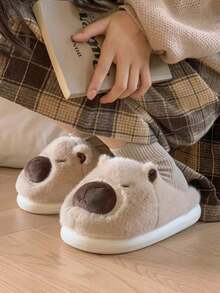 1 Pair Cartoon Thick Bottom Plush Lined Flat Casual House Slippers, Warm For Autumn/Winter
