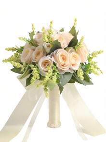 1pc New Artificial Champagne Rose Flower Bouquet, Suitable For Bridesmaids, Brides, Photography Props, Party Decorations - Champagne - View 1