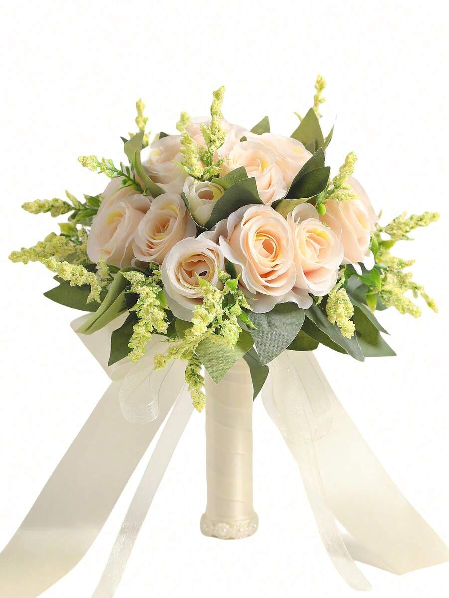 1pc New Artificial Champagne Rose Flower Bouquet, Suitable For Bridesmaids, Brides, Photography Props, Party Decorations - Champagne - View 1