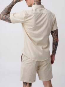 Men's Linen Set: Formal Shirt, Bermuda Shorts, Linen - Beige - View 2