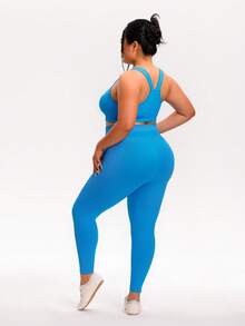 Plus Size Women's Solid Color High Elasticity Comfortable Seamless Sports Set, Camisole Top With Racerback, Leggings, Suitable For Gym, Outdoor Fitness, Yoga