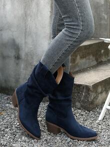 Fall/Winter Western Style Stacked Cowboy Boots For Women, Pointed Toe Long Shaft Vintage Riding Boots, Wrinkled Short Boots