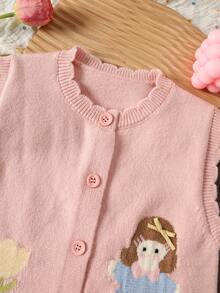 WUHUANG YIYI Baby GirlCute Floral Pattern Lace Trim Knit Cardigan With 3D Bow Decor, Suitable For Autumn/Winter - Baby Pink - View 4