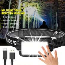 1pc High Power Fishing Light, 8 LED Beads, 500 Lumens, Rechargeable, Powerful Flashlight, High Brightness, Shockproof, Waterproof, ABS Material + Adjustable Elastic Strap, Adjustable Beam Angle, Sensor, Battery Level Display, Suitable For Camping, Fishing, Rescue, Hiking, Traveling, Great Gift For Husband, Dad, Men