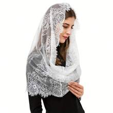 [Carefully Designed]Elegant Retro Style Lace Mantilla Veil For Women - Soft Polyester Blend, Intricate Floral Design, Perfect For Latin Mass, Weddings, And Formal Events, Wedding Accessories | Vintage Lace Veil | Timeless Elegance, Holy Week Shawl - 白色 - 查看 6