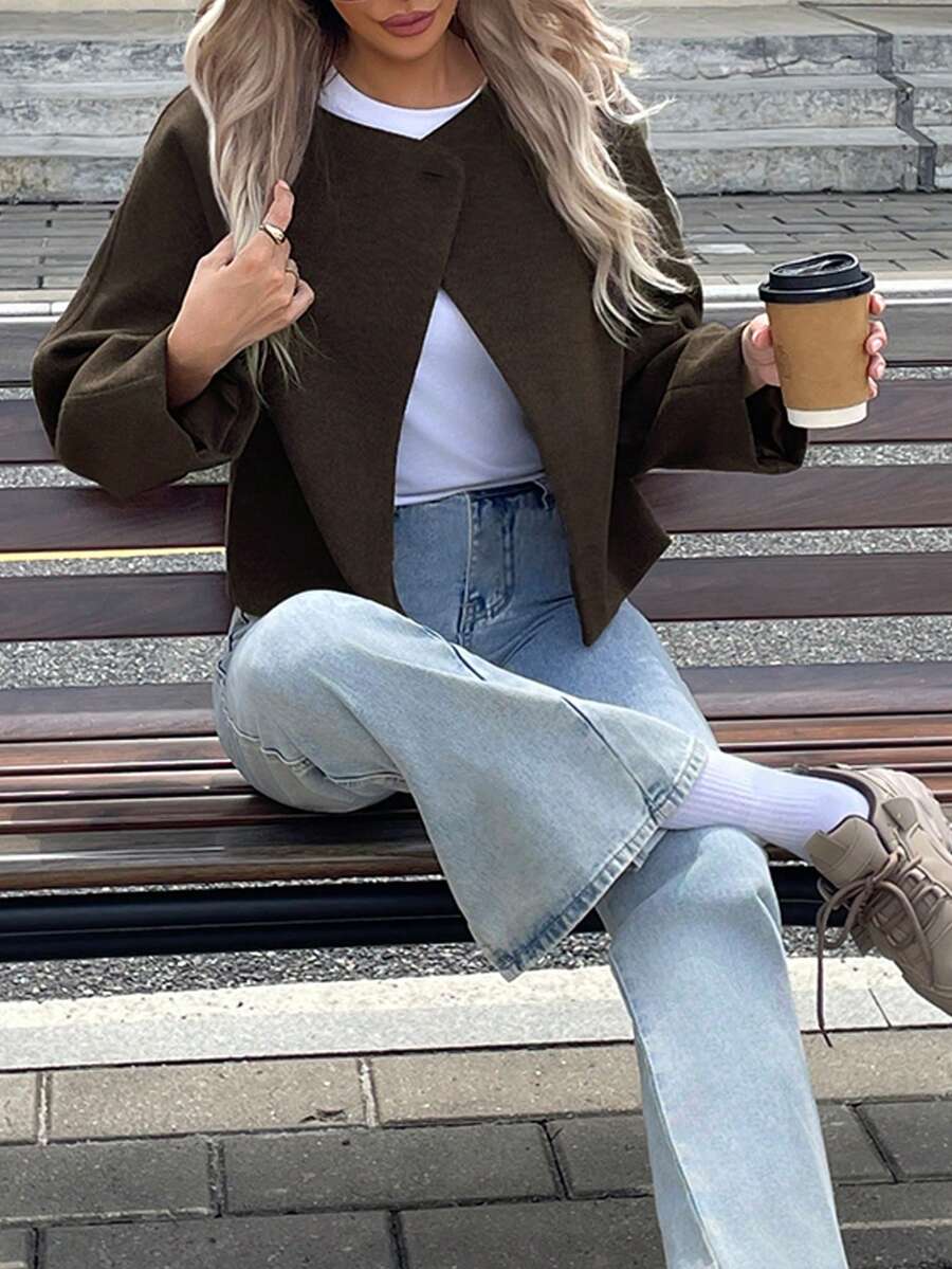 Chaqueta casual suelta y elegante para mujer, diseño minimalista y de alta gama, de cuello redondo, de una sola hilera, con bolsillos y mangas largas, estilo retro casual