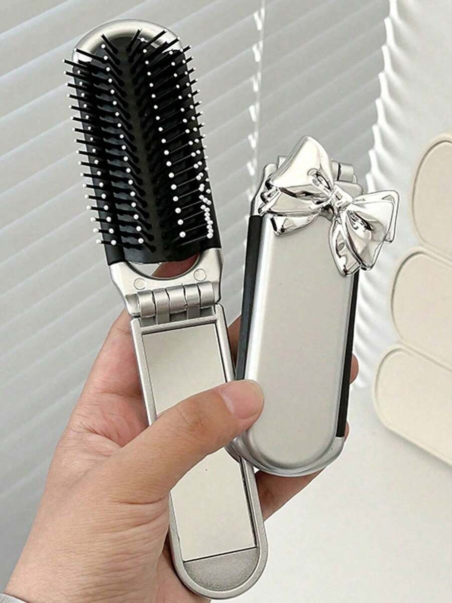 1/2pcs Folding Hairdressing Comb, With Airbag And Handheld Makeup Mirror, Portable Compact Comb With Makeup Mirror, Air Cushion Comb Ideal, For Daily Use And Travel Hair Brush, Special Mirror Integrated Comb, Hair Brush For Ladies And Girls