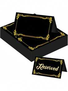 50/30 Peças Elegantes Cartões de Lugar Pretos com Folha de Ouro, Cartões Dobráveis com Bordas de Folha de Ouro, Cartões de Lugar Pretos e 1 Caneta Dourada, Adequados para Casamentos, Menus, Bufês, Festas, Eventos, Formaturas, Cartões Florais, Cartões de Feriados