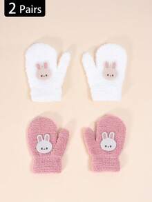 2 双幼儿秋冬高弹力针织保暖厚手套，婴儿/儿童连指手套，防刮手套，适合日常休闲穿着和冬季保暖 - 2雙 - 查看 2