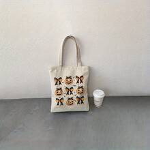 1pc Halloween Pumpkin Coquette Bow Pattern Tote Bag - Beige Reusable Shoulder Bag Women, Folding Design With Black & White Pumpkin & Bow Motifs, Durable Polyester, Travel, Daily Commute, Beach Outings & Gifts, Halloween Accessories, Travel Carryall, Playful Design, Sturdy Handle Construction