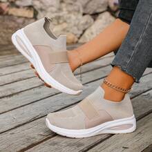 [ Women Slip-On Cushion Sports Shoes]PU & Mesh Fabric Patchwork, Strap Decor Design, Dual-Color Outsole, Anti-Slip & Soft, Breathable, [Khaki Color]Suitable For All-Day Wear - Khaki - View 10