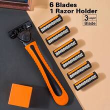 Men's Manual Safety Razor, Triple Layer Stainless Steel Blades, Replaceable Shaving Head - Orange - View 7
