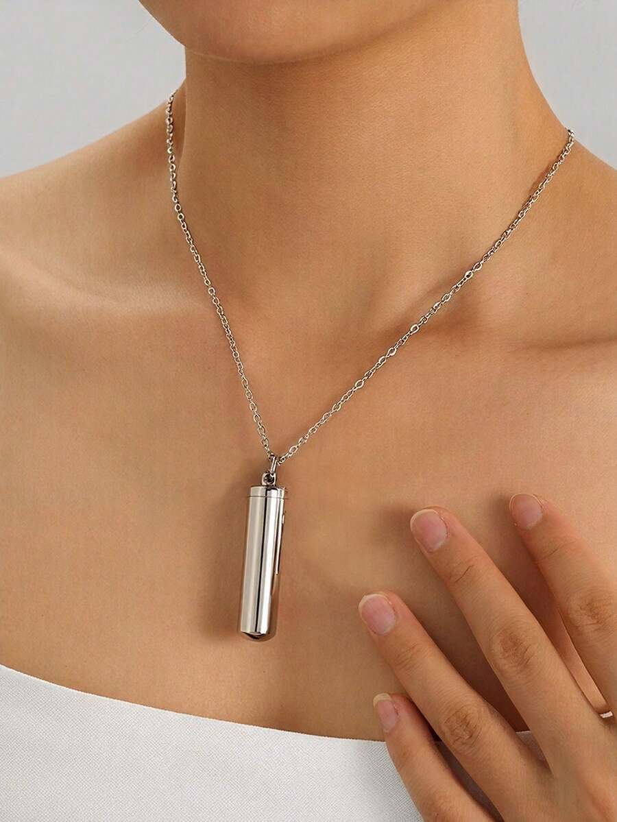 MONALLY Collier pendentif cylindrique en argent minimaliste et personnalisé pour les cendres de compagnie, bijou en acier inoxydable pouvant s'ouvrir, accessoire pour femmes et hommes - pendentif - Voir 1