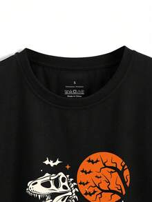 Camiseta de manga corta casual, con estampado de halloween dia de muertos dinosaurio calavera tierno calabaza cómoda y versátil para mujer otoño vernano, adecuada para el hogar y el exterior - Negro - Ver 3