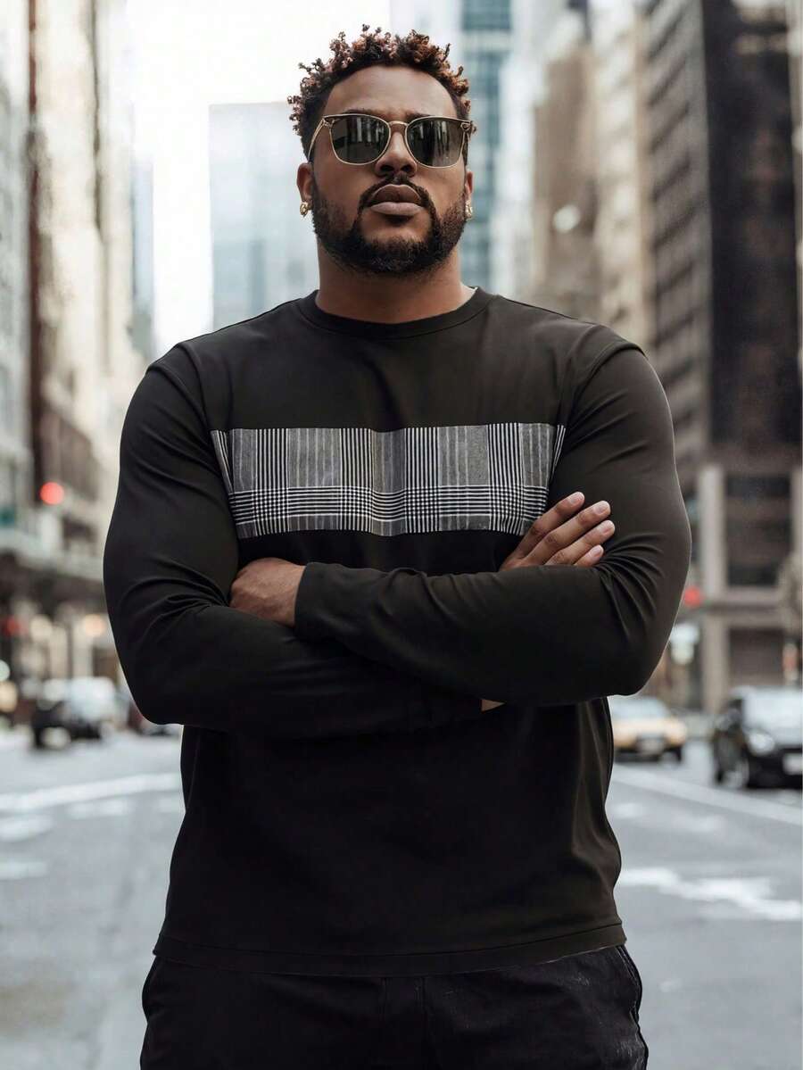 男士休闲长袖T恤，黑色格子图案，轻薄透气，适合旅行穿着，也可作为礼物送给朋友。