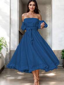 Vestido Midi Hombros Descubiertos Volante Decorativo Cintura Ceñida Falda Acampanada Corte Elegante Silueta Fluida Diseño Moderno Casual Y Elegante Moda Mujer Vestido Clásico - Azul petróleo - Ver 3