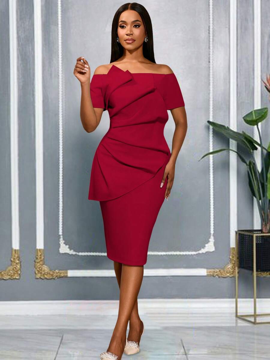 AOMEI Elegant Women's Burgundy Off-Shoulder Midi Dress: With Draped ...