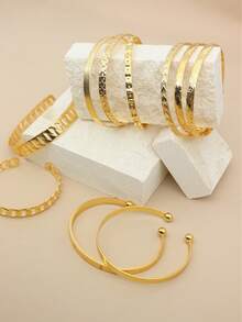 7pcs/9pcs/10pcs/14pcs Fashion Star & Heart Pattern Open Bangle Bracelet Set For Women, Geometric Multi-Element Design, Suitable For Daily Wear, Vacation, And Stylish Gifts