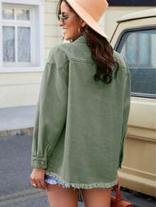 Women's Solid Color Casual Denim Jacket With Pockets & Frayed Edges, Long Sleeve, Spring Autumn - Green - View 3