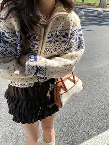 かわいいスノーフレーク刺繍ジップカーディガン、女性用 - 柔らかいアクリルブレンドのゆったりとした長袖冬用セーター、H型カット、秋冬の必須の重ね着スタイル、絶妙なディテールデザイン、暖かくて暖かい。 - ホワイト - チェックする 4