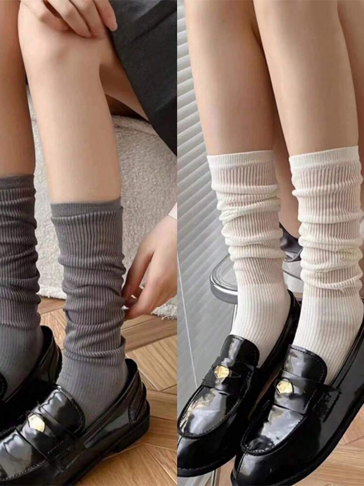 2 Pairs Black White Grey Thin Sweet See-Through Mid-Calf Socks, Japanese Style - Multicolor - View 8
