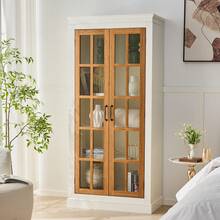 71.2'' Freestanding Pantry Cabinet With Glass Door, Farmhouse Display Cabinets With Adjustable Shelevs, Curio Cabinet With Lattice Window For Hallways, Livingroom Kitchen & Office, White & Brown RR