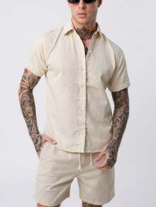 Men's Linen Set: Formal Shirt, Bermuda Shorts, Linen - Beige - View 3
