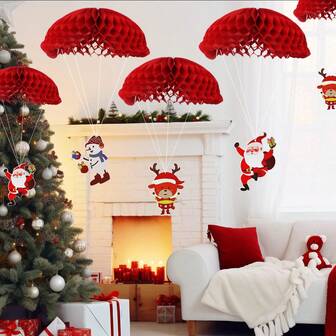 1套（3件） - DIY蜂窝降落伞吊坠，纸质蜂窝降落伞创意圣诞老人驯鹿雪人纸卡图案吊坠，圣诞节假日派对天花板吊坠，户外花园场景装饰道具