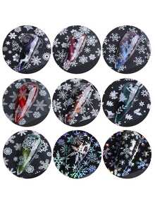 10张冬季白色雪花美甲贴纸，包含圣诞树、驯鹿、星星、蝴蝶结、圣诞老人图案，星空图案，全覆盖，DIY美甲贴纸，节日美甲配件 - 彩色 - 查看 4