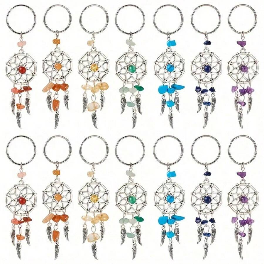 14pcs/Set Dreamcatcher Keychain Set, Mixed Colors, Alloy & Stone Material, Suitable As Wallet Pendant And DIY Keychain Decor Bag Lanyards With Id Holder Car Accessories Bag Charms Christmas Gift