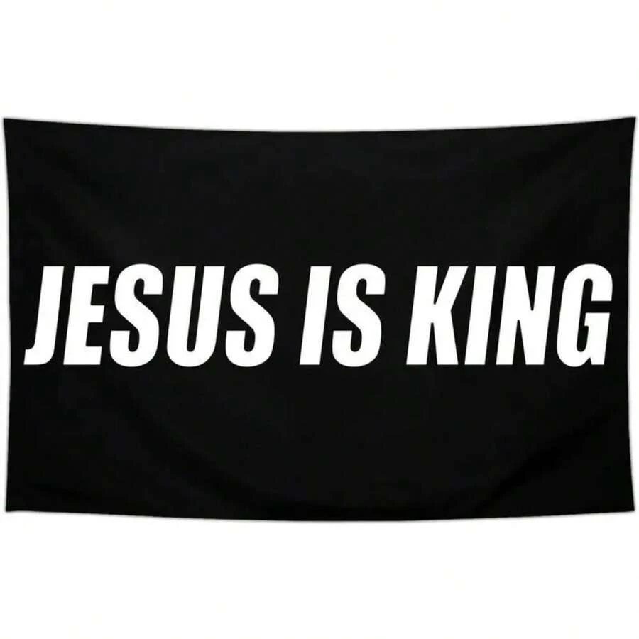 Bandera "Jesús es el Rey", de poliéster, pancarta de fe sobre el miedo para exteriores, decoración patriótica tipo tapiz melocotón - Negro - Ver 1