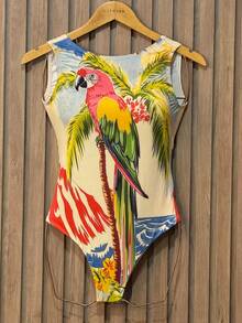 Bodysuit Swimsuit And Pareo Set Kit Premium Beach Cover-Up Bathing Suit Bodysuit - 金剛鸚鵡印花 - 查看 4
