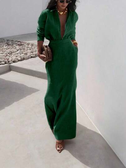 Women's Solid Color Long Sleeve Top And Pocket Pants Casual Outfit, Autumn Spring