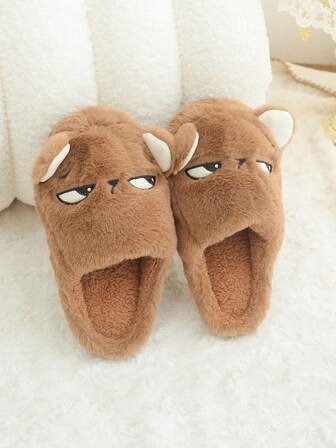 猫咪图案毛绒内衬一脚蹬家居拖鞋，保暖防滑男士室内拖鞋，适合冬季和情侣