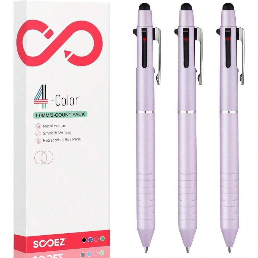 Multicolor Pen In One Sleek Metallic 4 Color Ballpoint Pens Medium Point 1.0mm Retractable Ball Pen With Stylus Tip Journaling Planner Pens For Nursing School Office Supplies 3 Pack Blue - 紫色 - 查看 1