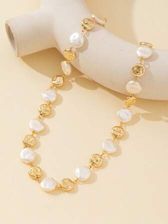 1pc Asymmetrical Pearl Beaded Necklace, Elegant & Fashionable For Daily Wear