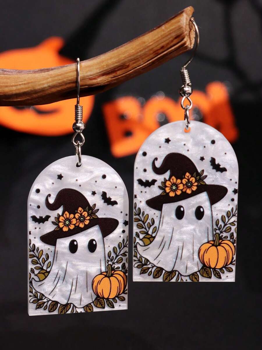 1 par de pendientes de acrílico únicos y divertidos con diseño de fantasma con sombrero de flores, regalo de joyería para fiestas y vacaciones de mujer