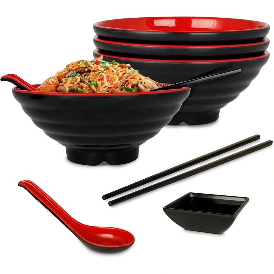 Vajilla de Melamina Japonesa (4 personas).Incluye: plato hondo de 1.2 litros, palillos reutilizables, salsera y cucharas (16 piezas), adecuado para platos chinos, asiáticos y ramen, irrompible y duradero. - 1 - Ver 1