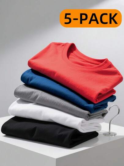 OKP 5pcs  Boyfriend Style Men's T Shirts,Gym Shirts,Camisetas Para Hombre,Solid-Color T-Shirts In Black, White, Blue, Red, And Gray ,Breathable Crew Neck  Sports Short Sleeve T-Shirts For Running, Gym Hombre