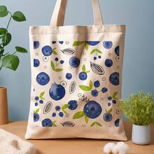 1pc Blueberry Print Canvas Tote Bag - Reusable Grocery Bag 13.8x15.8 Leak-Proof Durable Polyester Canvas Shopping, Beach, Work, School - Stylish Fruit Design Holiday (Easter, Mother's Day, Graduation), Grocery Tote Bag, Beach Carryall