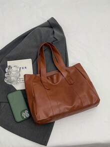 潮流跨境手提包，男女通用，时尚，PU材质，纯色，简约，多功能肩包/腋下包/手提包，适合日常休闲、通勤、购物、旅行及各种场合。 - 棕色 - 查看 7