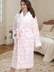 1pc Home Wear Women's Plush Collar Star And Moon Print Mid-Length Robe With Belted Waistrobe Nightgown Loungewear