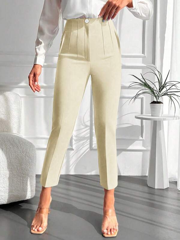 Solid Color Zipper Pocket Button Casual Pants, Versatile For Office And Everyday Wear
