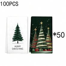 1 pieza/2 piezas/100 piezas Toallas de cocina con estampado de árbol de Navidad, toallas de platos, adecuadas para decoración de interiores de restaurante, cocina, baño, decoración de fiestas, regalos navideños, pueden ser entregados como regalos de Navidad
