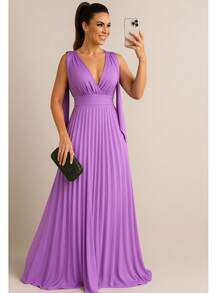 Long Pleated Dress V-Neckline Bridesmaid Dress For Wedding Graduation And Parties - 紫丁香色 - 查看 2