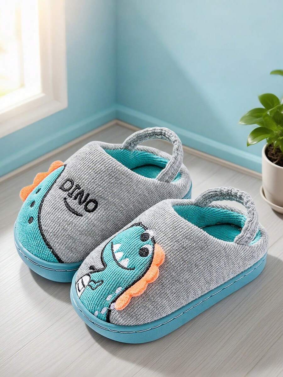 Ein Paar neue Cartoon Dinosaurier Kinderschuhe für Herbst und Winter, warme und dicke weiche Sohle Baby Fellpantoffeln für Innenräume - Grau - Übersicht 1