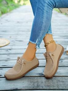 Giày lười da cổ điển buộc dây cho nữ, đế mềm nhẹ, thoải mái, chống trượt, thời trang - Màu Khaki - Xem 5