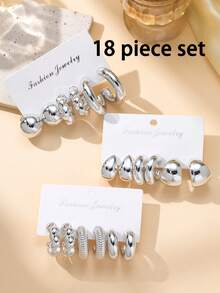 2-6-18pcs/Set Fashionable Silver Geometric Twist C-Shape Teardrop Hoop Earrings Set, Versatile Stoned-Free Earrings For Daily Wear And Gift