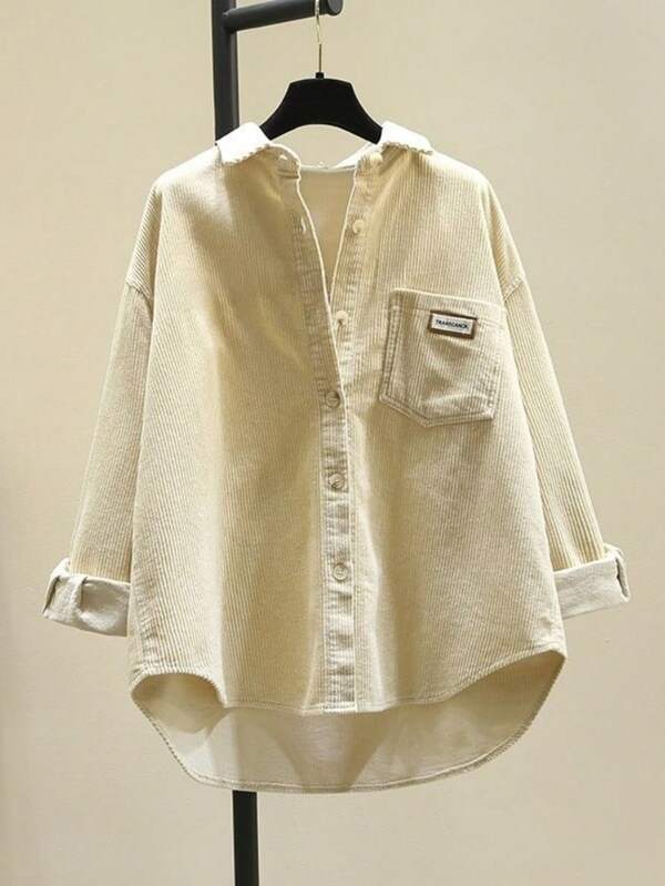 Women's Flannel-Lined Shirt Jacket, Solid Color Asymmetrical Hem Blouse With Notch Lapel & Pockets, Cozy Office & Lounge Top For Fall Winter Spring