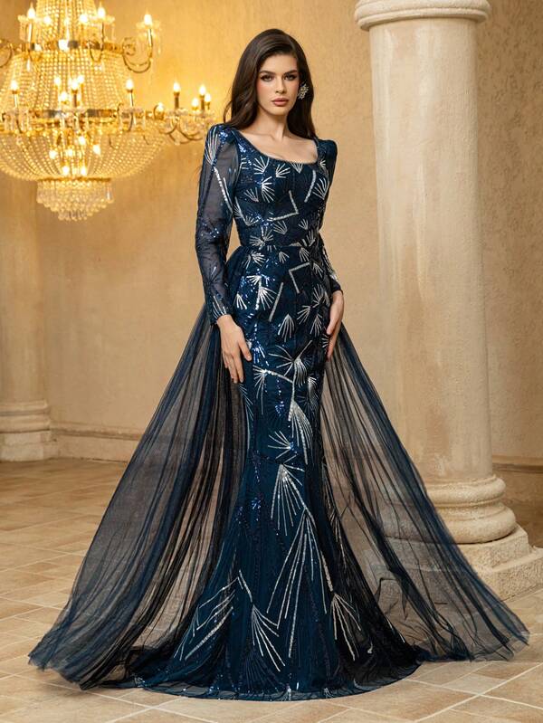 UNITHORSE Vestido de noite feminino UNITHORSE [corte aleatório] com decote quadrado, manga comprida, lantejoulas, patchwork, tecido de malha, corte slim, maxi temperamento